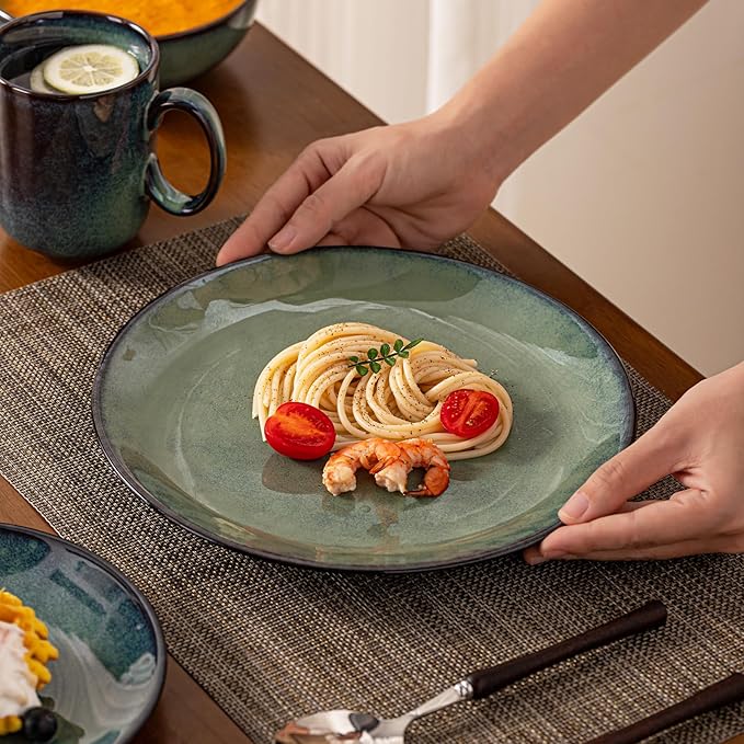16 Piece Dinnerware Sets for 4， Scratch Resistant,microwave oven and Dishwasher Safe Plates and Bowls Sets Ceramic, Dish Set, Bowl and Plate Set -Kiln turns foggy green