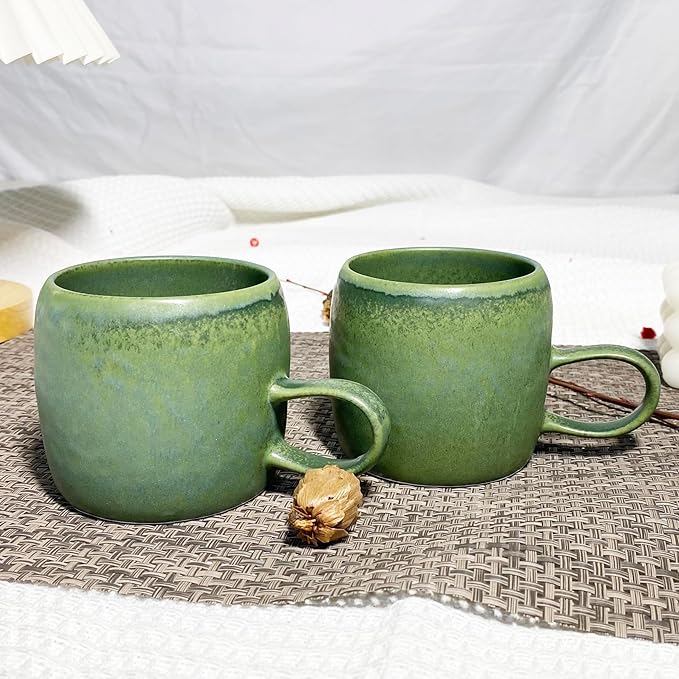 Medium Ceramic Coffee Mug Set of 2, 12 Oz, Stoneware Tea Cup for Office and Home, Dishwasher and Microwave Safe (Green, 2) (Classic)