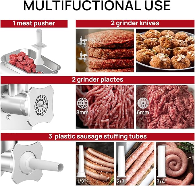 Commercial Meat Grinder #12, 1.0HP Heavy Duty Industrial Stainless Steel Meat Mincer, Sausage Stuffer with 2 Blades, 2 Plates & 3 Sausage Tubes, Meat Grinder Machine for Commercial & Home Kitchen Use