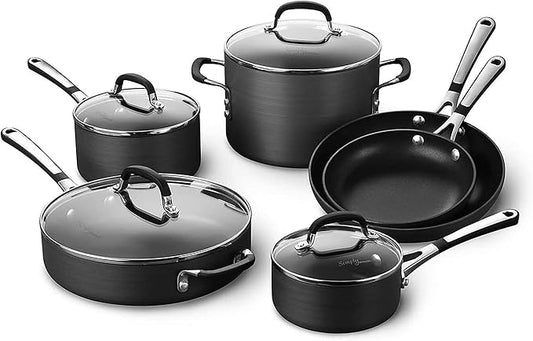 Calphalon 10-Piece Non-Stick Kitchen Cookware Set Black Pots & Pans with Stay-Cool Stainless Steel Handles Hard-Anodized Aluminum for Even Heating