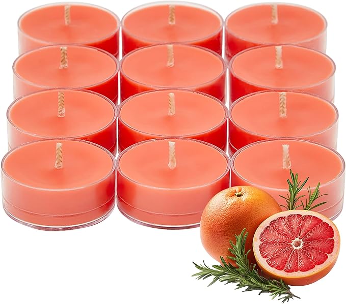 PartyLite Set of 12 Tea Lights Candles, Grapefruit & Rosemary Scent, Aromatherapy Scented Candles Gift Set, Up to 4 to 6 Hours Burn Time