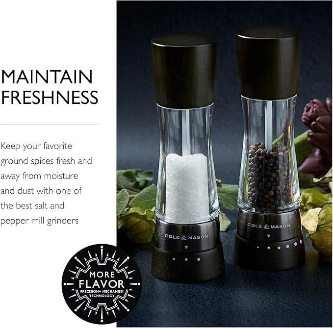Cole & Mason H332293 Derwent Black Wood Salt and Pepper Mills, Gourmet Precision+, Adjustable Grind, Stained Beech/Acrylic, 190 mm, Gift Set, Includes 1 Salt and 1 Pepper Grinders