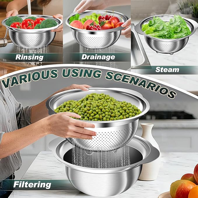 Stainless Steel Colander - 3Pcs Colander for Kitchen - Strainers and Colanders, Kitchen Presents, Food Strainer Basket with Handle for Veggie Wash, Fruits, Spaghetti, Pasta, 2QT, 2QT, 3QT Bowl