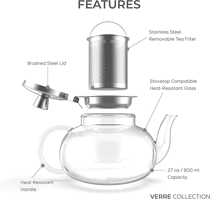 Glass Teapot Stovetop Compatible Kettle with Stainless Steel Removable Infuser, Loose Leaf Tea, Stovetop Safe Tea Pot and Strainer (27 Ounce)