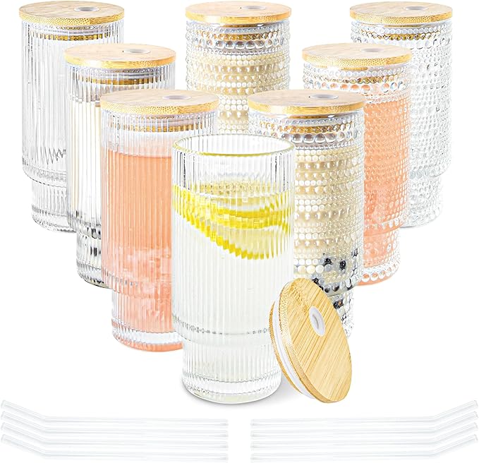8 Pcs 16 oz Hobnail Glasses Cups Set with Bamboo Lids Straws Brush Hobonail Ribbed Glassware Set for Juice Iced Coffee Beer Cocktail Whiskey