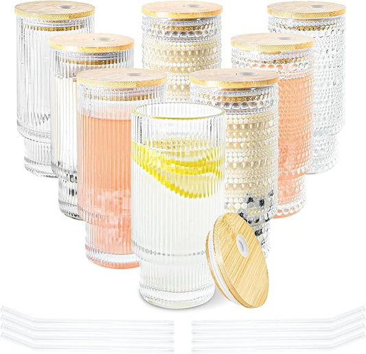 8 Pcs 16 oz Hobnail Glasses Cups Set with Bamboo Lids Straws Brush Hobonail Ribbed Glassware Set for Juice Iced Coffee Beer Cocktail Whiskey