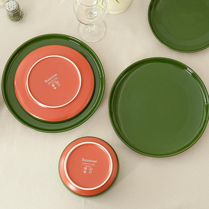 8-Inch Plates Set of 4, Dual Glaze Stoneware Plate, Microwave and Dishwasher Safe, Ceramic Plates for Salads & Desserts, Forest Glaze Green