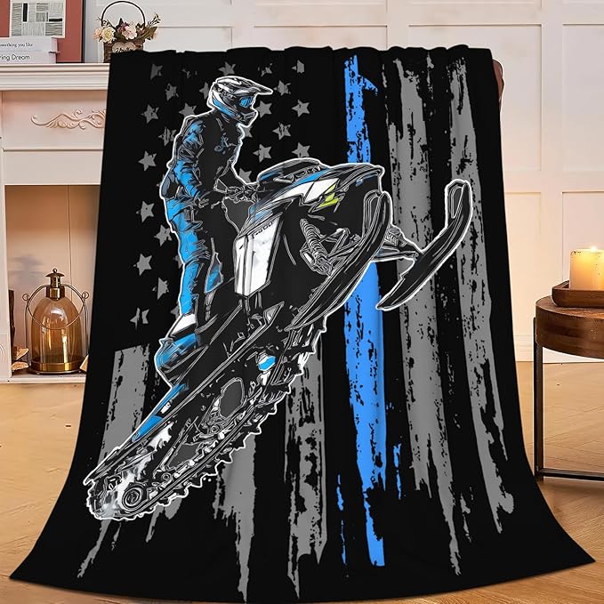 Snowmobile Blanket Gifts for Girls Boys Skiing Sports Throw Blankets Cozy Plush Fleece America Flag Flannel Fuzzy for Men Women 60"X50"