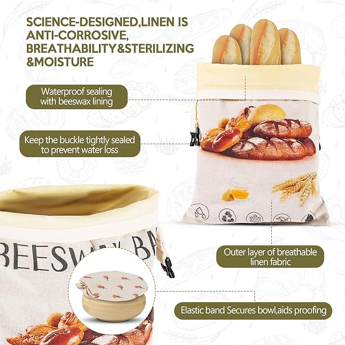 2-Pack Reusable Beeswax Bread Bags for Homemade Bread Sourdough, 2 Natural Beeswax 100% Linen Moisture-proof Lined Storage Bags with Buckle& 1 Bowl Covers –Keeps Bakes Fresh Longer (Bread print color)
