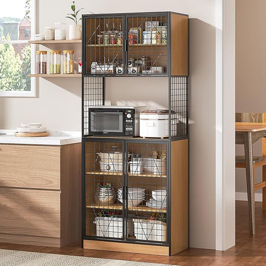 VECELO 72in Tall Kitchen Pantry Cabinet with Doors and Shelves, Large Freestanding Storage Cupboard with Countertop Hutch, Oak
