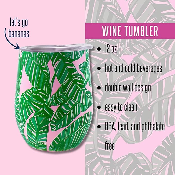Lilly Pulitzer 12 Oz Insulated Tumbler with Lid, Yellow/Green Stainless Steel Travel Wine Glass, Double Wall Metal Cup (Let's Go Bananas)