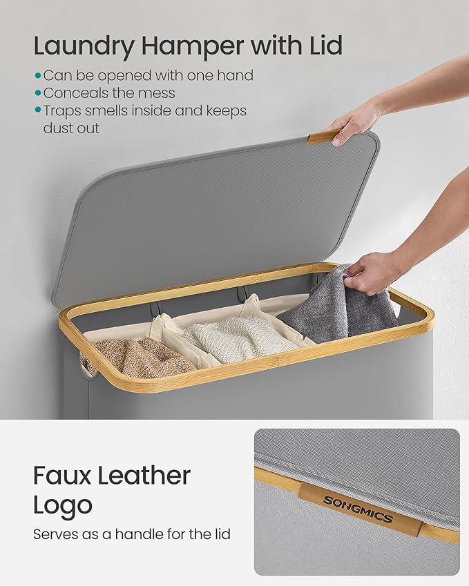 SONGMICS Laundry Hamper with Lid, 3-Section Large Laundry Basket, 52.8-gallon (150L), Removable Mesh Liner, Bamboo Handles, Collapsible, 23.6 x 15.2 x 27.8 Inches, Dove Gray ULCB515G01