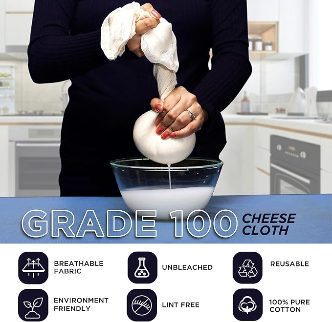 Raajsee Cheese Cloths Grade 100, 24 Sq Feet - 2.8 Sq Yards Unbleached 100% Organic Cotton Fabric - Reusable Ultra Fine Mesh Muslin Cloth - Cheesecloth For Straining Cooking,Baking,Cheese Making