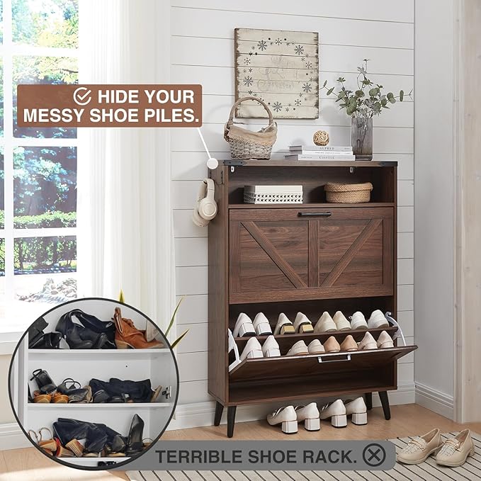 Shoe Storage Cabinet,Farmhouse Shoe Organizer with 2 Flip Drawers & Barn Door Design,Freestanding Hidden Slim Narrow Shoe Rack Cabinet with Open Storage for Entryway, Foyer,Hallway, Walnut