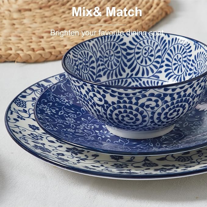 ONEMORE Ceramic Dinnerware Sets, 12 Piece Stoneware Plates and Bowls, Dish Sets for 4 - Scratch Resistant, Dishwasher & Microwave Safe, Vintage Blue