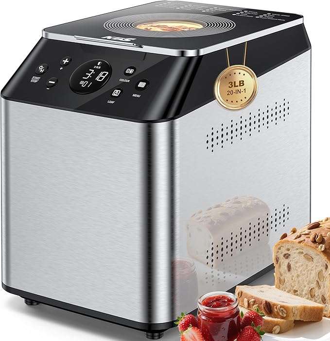 KBS 3LB Programmable Bread Maker,20-in-1 Automatic Bread Machine with Ceramic Pan & Fruit Dispenser, 850W Dual Heaters Bread Maker Machine with Quiet Brushless Motor,Stainless Steel,15H Timer,3 Colors