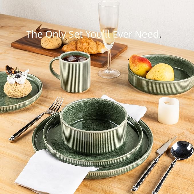 GBHOME Stoneware Dinnerware Sets for 4,Round Reactive Glaze Ceramic Plates and Bowls Set,Highly Scratch Resistant| Dishwasher & Microwave Safe Dishes Set,Service for 4(12Pcs),Dark Green
