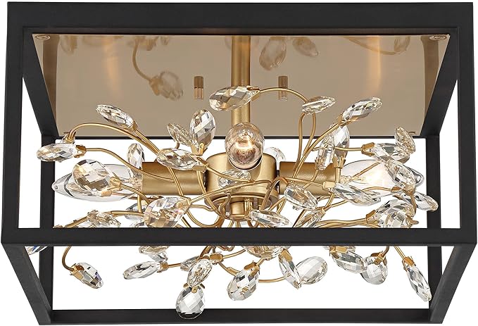 Possini Euro Design Carrine Modern Ceiling Light Flush-Mount Fixture 14 1/4" Wide Black Metal Gold Branches 4-Light Clear Crystal Buds for Bedroom Kitchen Living Room Hallway Bathroom House Home