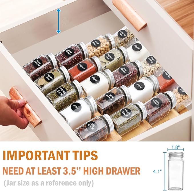 Bamboo Spice Drawer Organizer, 4 Tier In Drawer Spices Rack for Cabinet Drawer Expandable From 13" to 26", Stackable Seasoning Storage Organizer Insert