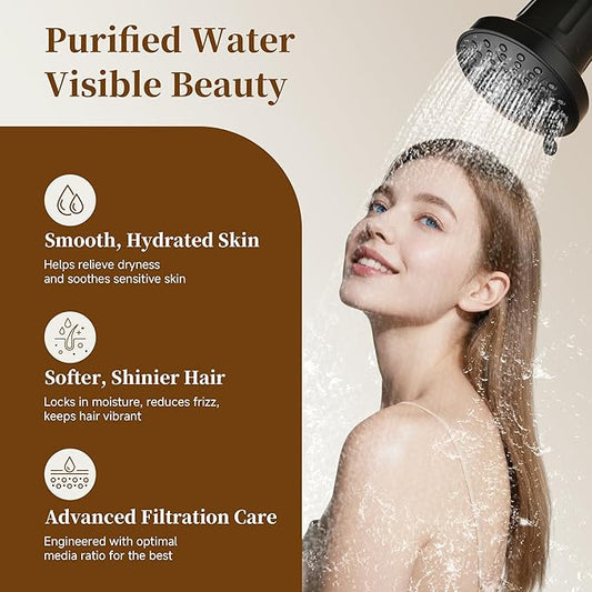 BRIGHT SHOWERS Filtered Shower Head, High Pressure Shower Filter for Hard Water to Remove Chlorine and Impurities, 8 Spray Modes Water Softener Showerhead for Hair and Skin Care, Matte Black