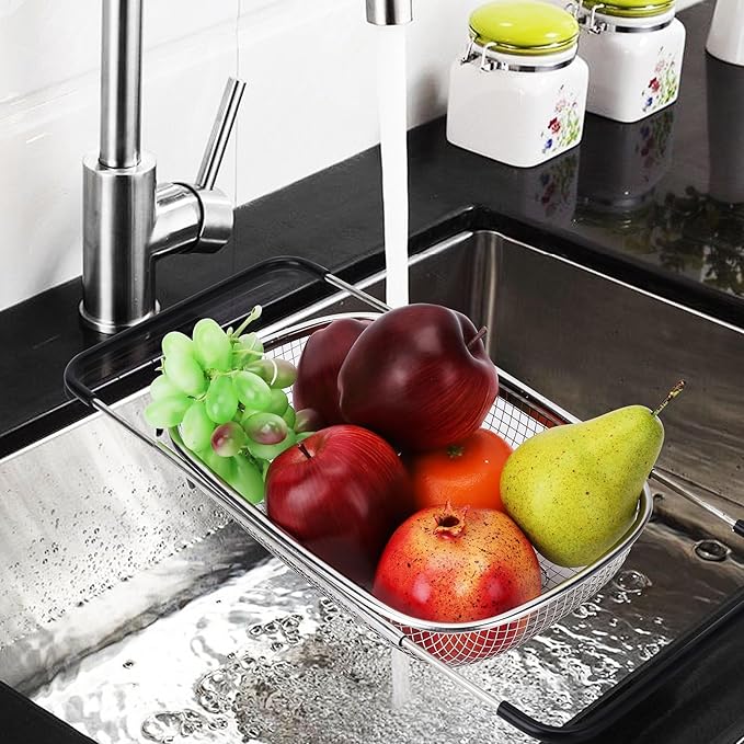ZDRongZhen Kitchen Accessories Over the Sink Colander Strainer Basket，Stainless Steel Colander with Expandable Rubber Grip Sink Drainer-Rinse Vegetables Fruits &Strain&Drain (Medium-grid)
