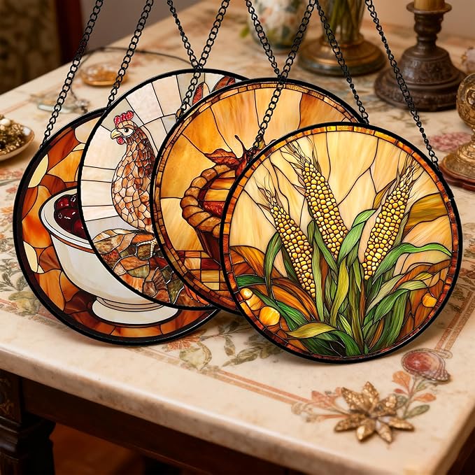 Stained Glass Window Hanging 4 Pcs Set Brown Turkey Berry Corn 9.8" - Suncatcher Door Garden Sun Catcher Decor Birthday Thanksgiving Mother's Day for Mom Woman Nana Men