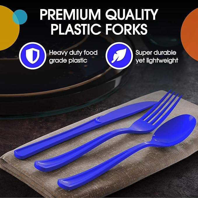 Party Solids Dark Blue Plastic Silverware Heavy Duty 150 Pieces Dark Blue Disposable Silverware Heavy Duty, Utensil Sets, 50 Of Each Forks, Knives & Spoons Disposable Cutlery Set For Party Supplies