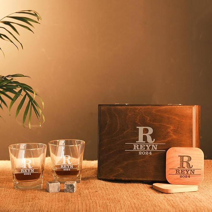 Personalized Whiskey Glasses Gift Set with Engraved Wooden Box and Whiskey Stones – Custom Whiskey Glassware for Men & Whiskey Lovers