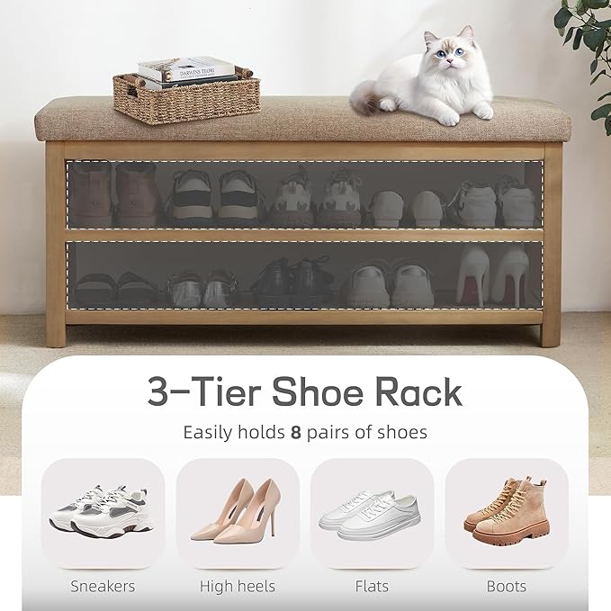 2 Tier Shoe Rack Bench with Cushion, Solid Wood Shoe Benches, Mid-Century Modern Shoe Storage Bench for Entryway, Hallway, Living Room, Closet, Front Door Entrance, (Brown, 39.4")