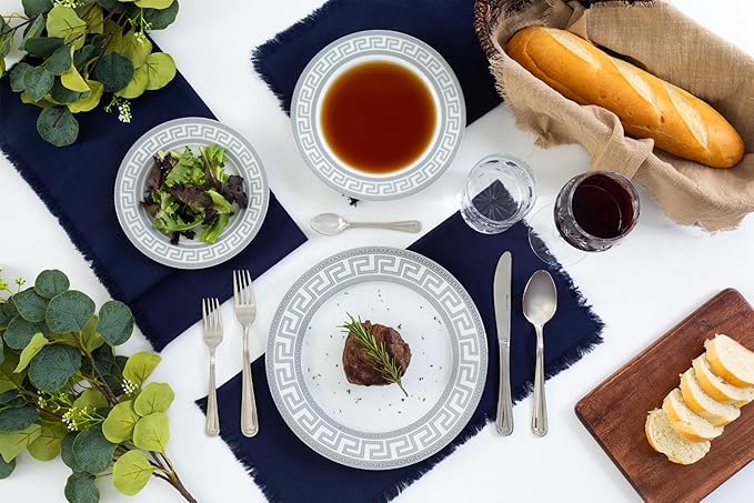 Porcelain Dinnerware Set for 1 - White and Silver Luxurious 4 Piece Greek Key Design - Elegant Dinner Plates with Mugs - Dining Kitchenware for Home, Formal Occasions and Everyday Dishes