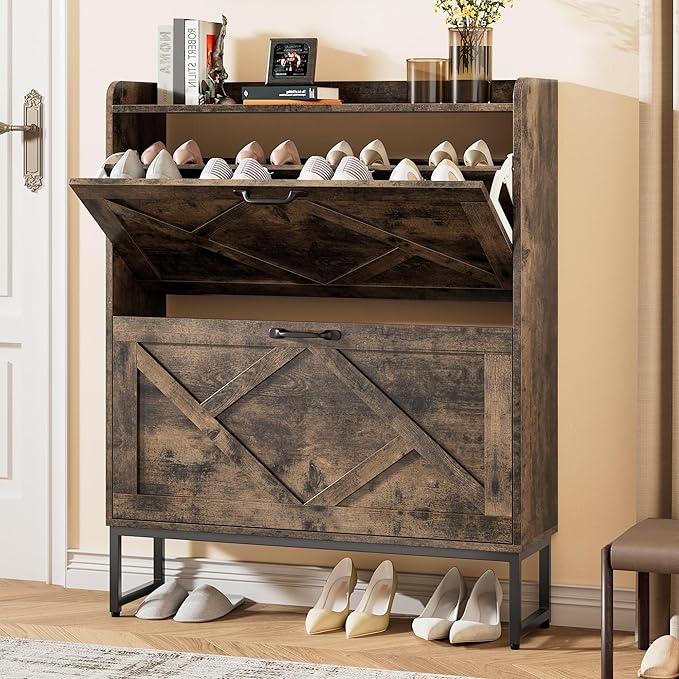 Nicetree Shoe Cabinet with 2 Flip Drawers, Freestanding Shoe Storage Cabinet with Metal Legs, Farmhouse Shoe Organizer for Entryway, Foyer, Hallway, Rustic Brown