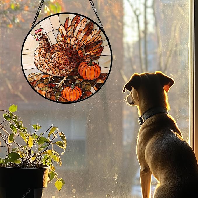Stained Glass Window Hanging 4 Pcs Set Brown Turkey Berry Corn Large 15" - Suncatcher Door Garden Sun Catcher Decor Birthday Thanksgiving Mother's Day for Mom Woman Nana Men