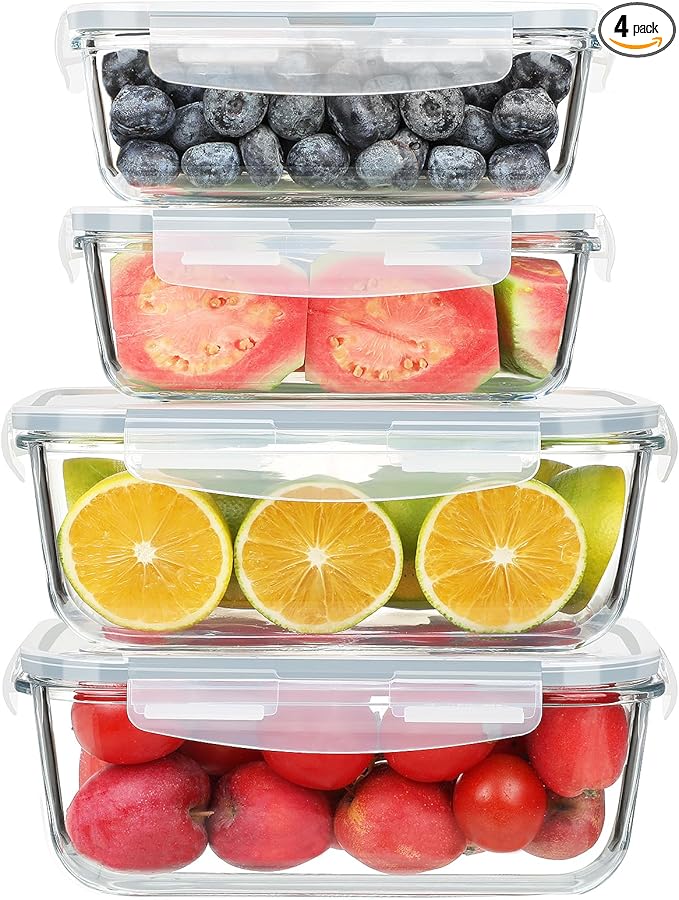 KOMUEE Large Glass Food Storage Containers Set (63oz & 27oz) with Airtight Lids, BPA-Free, 4 Pack Meal Prep Containers for Baking, Serving, Freezer, Microwave and Oven Safe