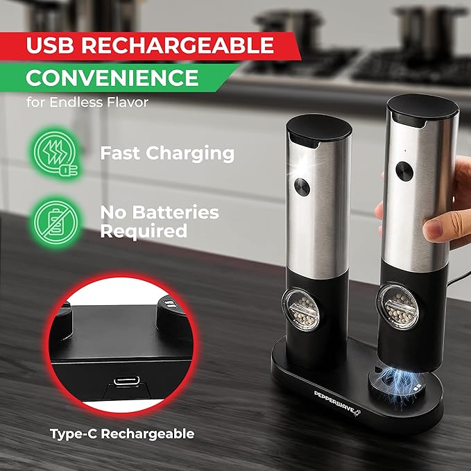 Salt and Pepper Shakers Set Electric with USB - Best Electric Salt and Pepper Grinder Set - Rechargeable Salt and Pepper Grinders - Automatic Salt and Pepper Grinder Set with LED Light - Salt Grinder
