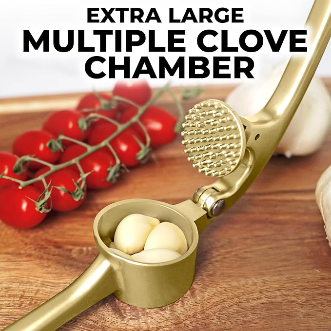 Zulay Kitchen Large Premium Garlic Press Set - Bigger Bowl for Bigger Garlic - Rust Proof & Dishwasher Safe Garlic Mincer Tool - Easy-Squeeze, Easy-Clean Silicone Garlic Peeler & Brush (Gold)