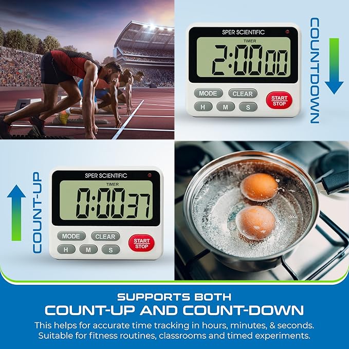 Sper Scientific 24-Hour Digital Lab + Kitchen Timer with LED Light 810001 - Precision Countdown Timer with Large Display, Loud Alarm & Clock Mode - for Cooking, Lab Experiments & More - 4 pc