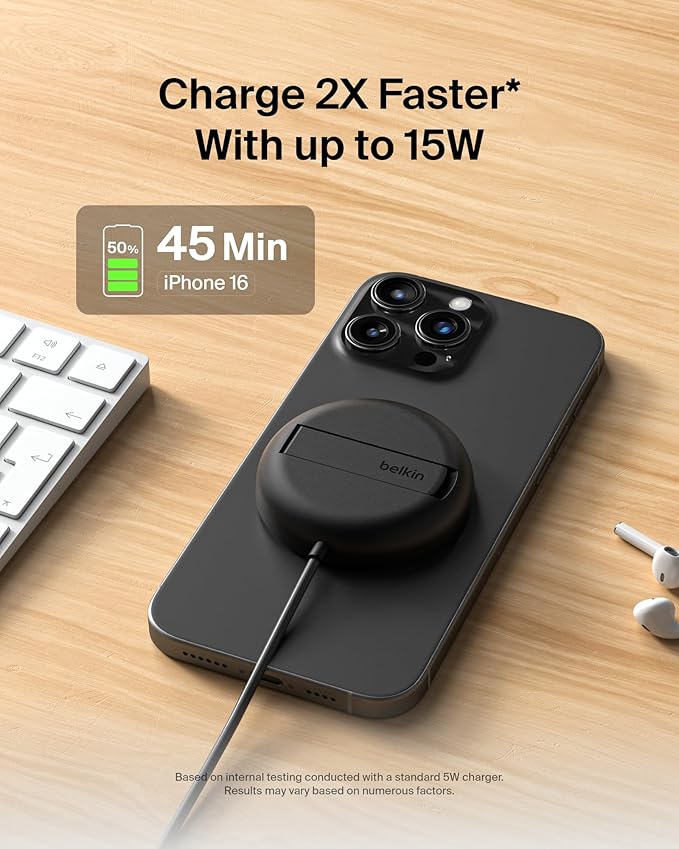 Belkin Magnetic Wireless Charging Pad Qi2 15W w/Kickstand - MagSafe-Compatible Qi2-Certified Wireless Charger for iPhone 17, Samsung Galaxy S25, AirPods, & More w/Power Supply Included - Black