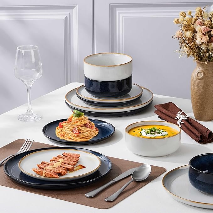 Herogo 12-Piece Stoneware Dinnerware Sets for 4, Dinner Plates and Bowls Sets, Double Reactive Glaze Dishware Place Setting for Kitchen, Scratch Resistant, Microwave Safe, Ivory White & Starry Blue