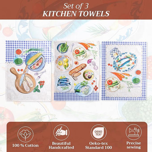 Maison d' Hermine Kitchen Towels Set of 3 100% Cotton 27.50" x 20" Reusable Cloth Tea Dish Towels Absorbent with Hanging Loop for Kitchen, Home, Dining, Cocktail Parties Spring/Summer (Gourmand)