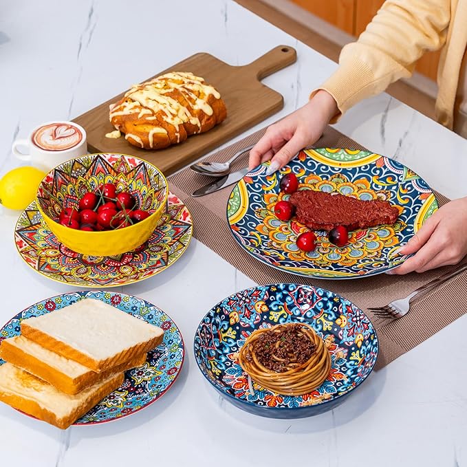 18 Pieces Dinnerware Sets, Porcelain Dishes Set for 6, Microwave and Dishwasher Safe, Scratch Resistant, Bohemian Style Plates and Bowls Set, Service for 6