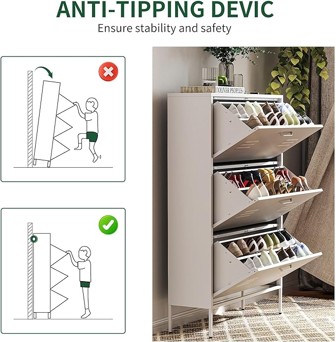 Shoe Storage Cabinet with 3 Flip Drawers, Freestanding Shoe Cabinet Organizer with Metal Frame for Entryway, Hallway, Foyer, White - Space-Saving Slim Design with Anti-Tip Device