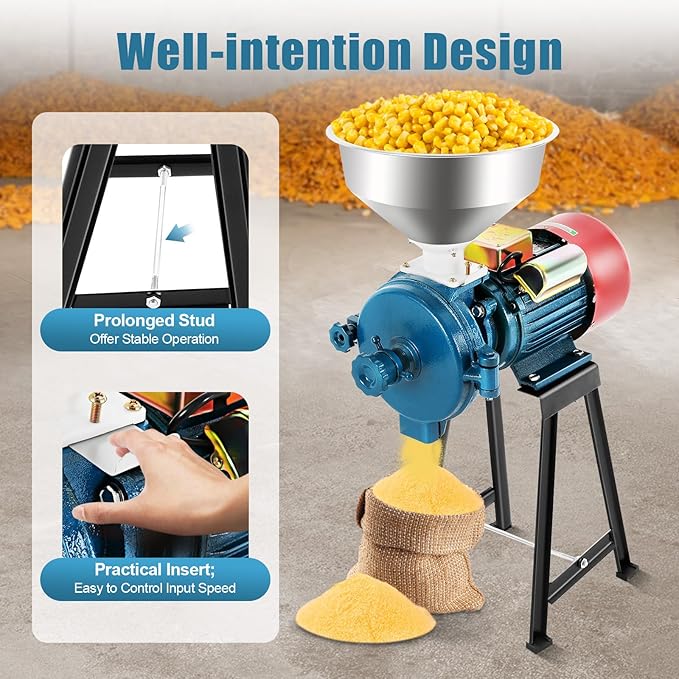 2200W Electric Grain Grinder Mill, 110V Commercial Dry Grinder for Corn Rice Wheat Spices Coffee, 60-120lbs/h Stainless Steel Mill with Adjustable Knob, for Home Kitchen Pharmacy Supermarket Use