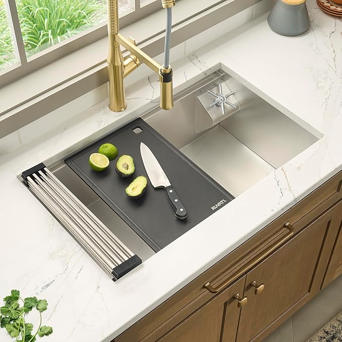 Ruvati 32-inch Undermount 16 Gauge Stainless Steel Kitchen Sink Single Bowl – Glass Rinser Workstation Ledge with Cutting Board, Bottle & Cup Washer, Modern Stainless Finish – RVH8512