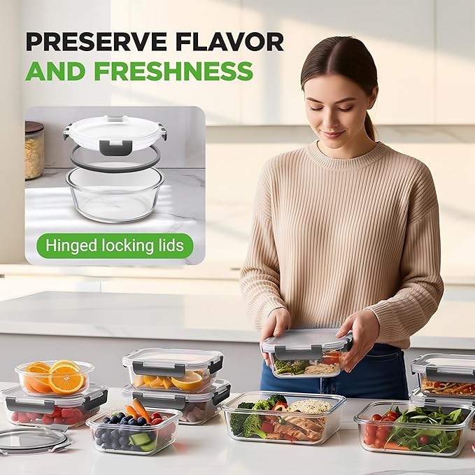NutriChef Superior Glass Food Storage Containers - 24-Piece Stackable Glass Meal-prep Containers w/Newly Innovated Hinged BPA-Free 100% Leakproof Locking Lids - Freezer-to-Oven-Safe NCGLGY (Gray)