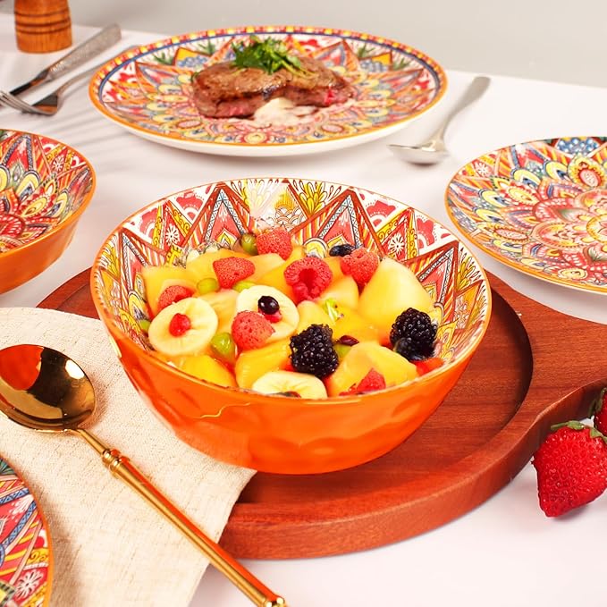 Mandala Dinnerware Sets (16 PCS) Serves for 4, Buffet Dinnerware, Boho Plates and Bowls Set with 8.3" salad Plate 8.6"/10.6"dinner Plate 6.4" bowl, apply Indoor Outdoor Dining