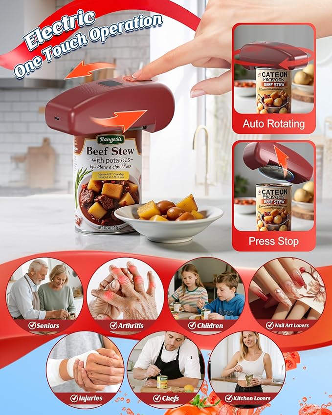 HuiJuKeJi Automatic Electric Can Opener, One-Touch Rechargeable LED Can Opener Electric for Smooth Edge Safe Opening, Fits All Cans, Hands-Free Operation, Ideal for Seniors Arthritis Kitchen Gadget