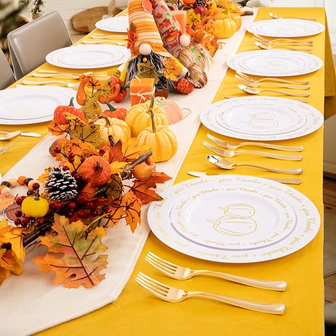 supernal 60pcs Thanksgiving Plastic Plates,Thanksgiving Plates with Gold Pumpkin Design, Fall Party Plate Bulk Include 7.5" Dessert Plate,10.25" Disposable Dinner Plato for Friendgiving Party