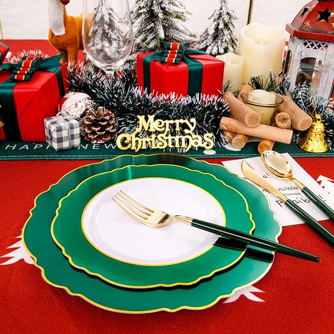 WDF 30Guest Christmas Plates Disposable - Gold Plastic Silverware With Green Handle - Baroque Green &Gold Plastic Dinnerware for Christmas Plates Party