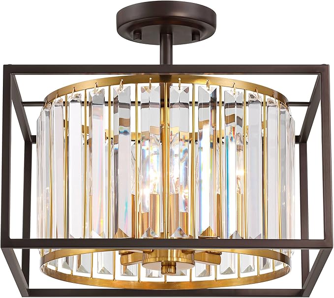 Possini Euro Design Milne 14" Modern Semi Flush-Mount Ceiling Light Fixture Kitchen Foyer Hallway Round 4-Light Brown Bronze and Brass Finish Crystal Bedroom Bathroom Entryway Living Room Small