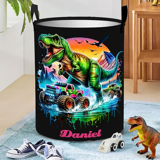 callie Personalized Dinosaur Gifts Truck Laundry Basket for Boys, Waterproof Collapsible Kids Laundry Hamper, Clothes Toys Storage Bin for Bedroom (13.8" x 16.5", 15.7" x 19.6")